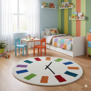 NS803ky.png Handmade Kids Clock Wool Rug- Ivory/Multi
